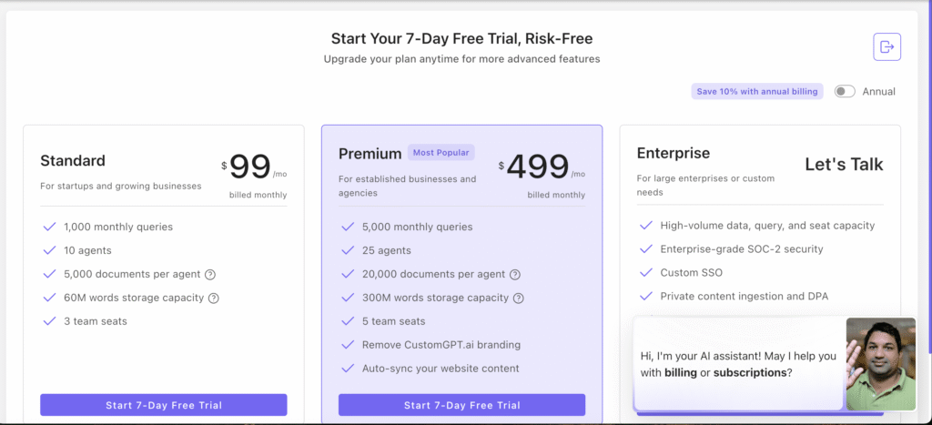 Different plans are offered by CustomGPT.ai